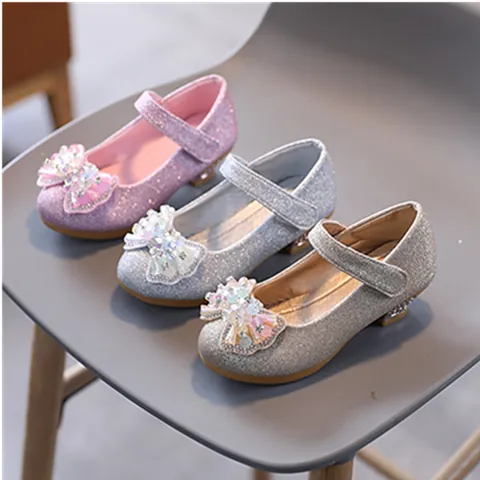 Girls Sequined Princess Shoes Bow Rhinestone Pearl Mary Jane Performance Party Wedding Dress Shoes Low Heel Velcro Kids Single Shoes