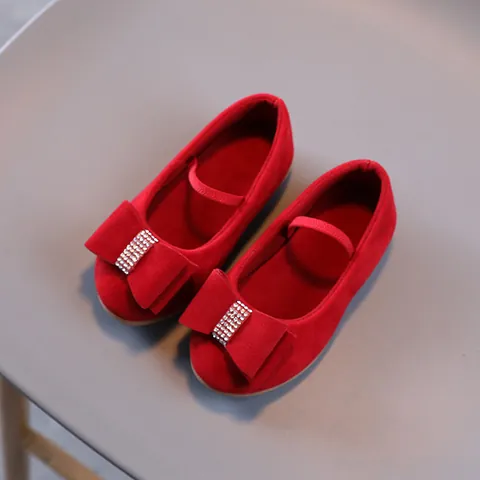 Girls Princess Mary Jane Shoes With Bow Rhinestones Frosted Cloth Flat Shoes Elastic Strap Solid Color For Toddler Kids