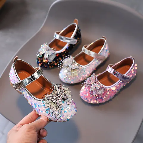 Girls Princess Mary Jane Shoes Glitter Sequin Rhinestone Bow Flat Soft Sole Party Dress Walking Shoes For Toddler Little Kids
