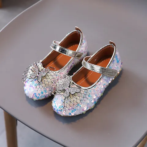 Girls Princess Mary Jane Shoes Glitter Sequin Rhinestone Bow Flat Soft Sole Party Dress Walking Shoes For Toddler Little Kids