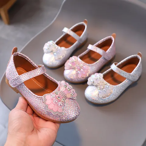 Chaussures Mary Jane Princesse à Paillettes pour Filles Ballerines de Fête à Nœud Papillon Brillant pour Tout-petits Enfants Auto-agrippant Rose Argent