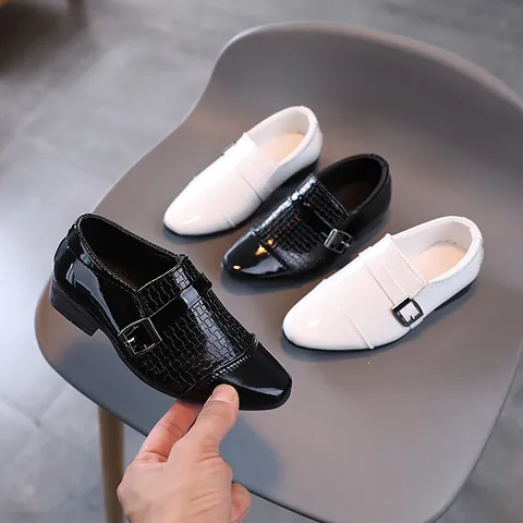 Boys Patent Synthetic Leather Formal Shoes Woven Texture Metal Buckle Monk Strap Soft Sole Kids Dress Shoes For Wedding School