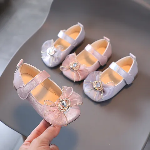 Scarpe da Principessa per Ragazza Fiocco in Rete Corona Strass Mary Jane Scarpe Basse Suola Morbida Antiscivolo Bambina Festa Matrimonio