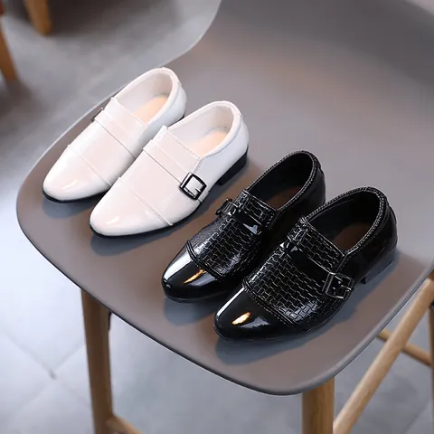 Boys Patent Synthetic Leather Formal Shoes Woven Texture Metal Buckle Monk Strap Soft Sole Kids Dress Shoes For Wedding School