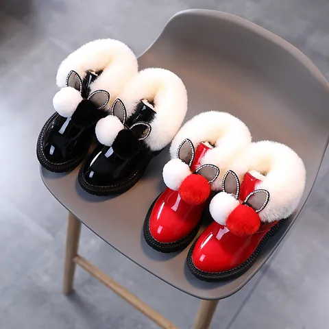 Meisjes Winter Sneeuwlaarzen Lakleer Waterdicht Korte Laarzen Met Kunstbont Trim Konijnenoren Strass Pompons Warme Fleecegevoerde Schoenen