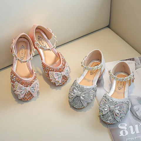 Sandali da Principessa per Bambina Con Fiocco in Strass Scarpe Mary Jane con Paillettes Scintillanti per Feste e Matrimoni