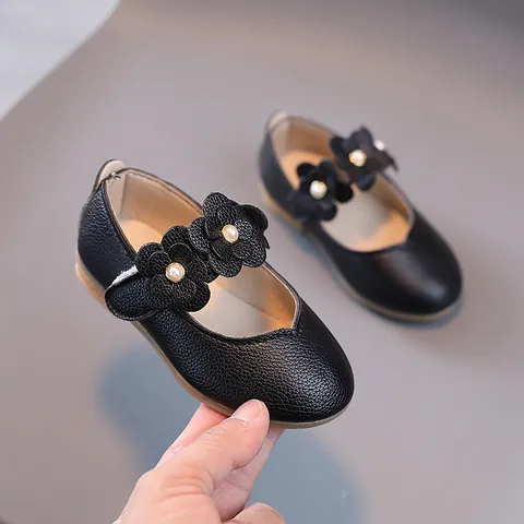 Girls Mary Jane Princess Shoes Floral Artificial Pearl Soft Sole PU Leather Flats Anti Slip Dress Shoes For Wedding Party School Children
