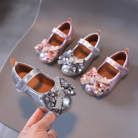 Shiny Girls Princess Mary Jane Shoes With Large Sequin Bow Rhinestone Soft Sole Glitter Flat Shoes For Wedding Party Kids