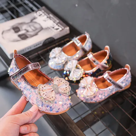 Mädchen Mary Jane Schuhe Pailletten Strass Schleife Prinzessin Flache Schuhe Für Hochzeit Party Weiche Sohle PU Mode