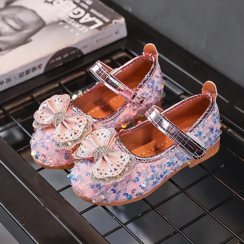 Mädchen Mary Jane Schuhe Pailletten Strass Schleife Prinzessin Flache Schuhe Für Hochzeit Party Weiche Sohle PU Mode