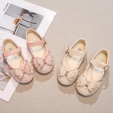 Scarpe da Ragazza Principessa Mary Jane Con Fiocco Perla Artificial Strass Paillettes Scarpe Piatte per Matrimonio Festa Bambini