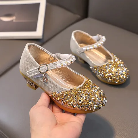 Mädchen Prinzessin Mary Jane Schuhe Glitzernde Pailletten Hochzeit Party Kleid Schuhe Mit Perlenriemen Niedriger Absatz Performance Fußbekleidung