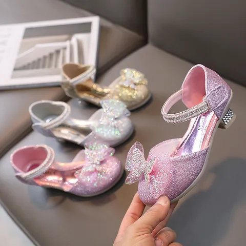 Mädchen Prinzessin Schuhe Glitzer Strass Schleife Blockabsatz Mary Jane Sandalen Für Hochzeit Party Kinder Geburtstag Performance Kleiderschuhe