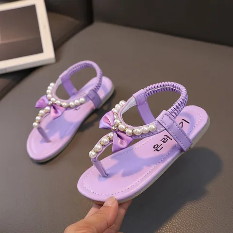 Girls Summer Princess Sandals With Pearl And Bow Decor Faux Leather T-Strap Flat Sandals For Toddlers Kids Korean Style