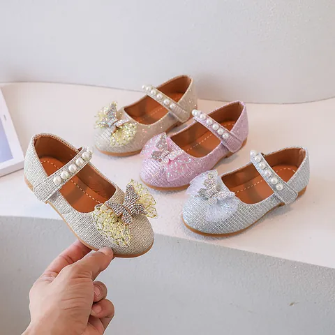 Girls Mary Jane Shoes Glitter Princess Dress Shoes Large Mesh Bow Rhinestone Pearl Strap Soft Sole Party Wedding Flats