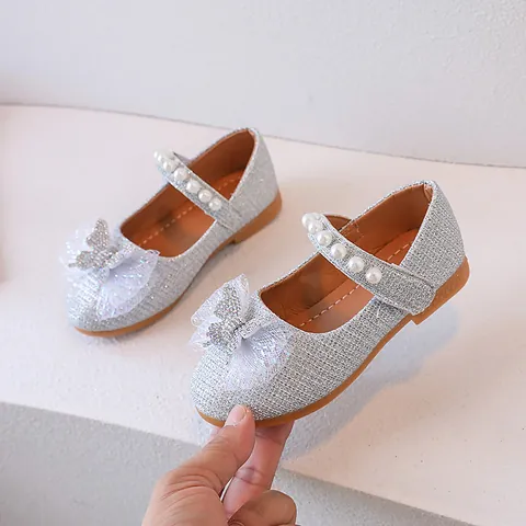 Girls Mary Jane Shoes Glitter Princess Dress Shoes Large Mesh Bow Rhinestone Pearl Strap Soft Sole Party Wedding Flats