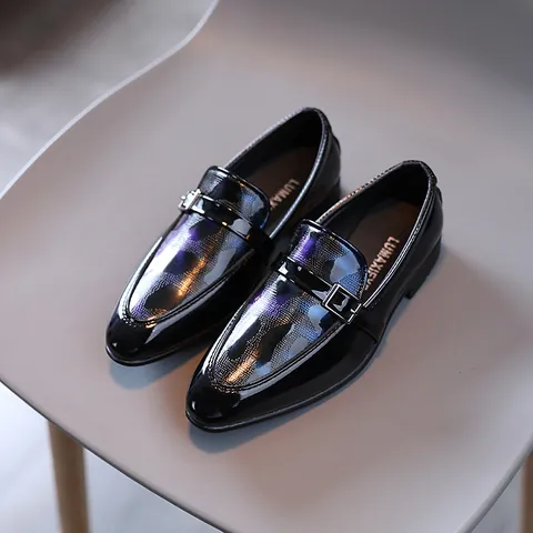 Boys Formal Leather Shoes PU Patent Leather British Style Pointed Toe Loafers Metal Buckle Kids Performance School Wedding Party