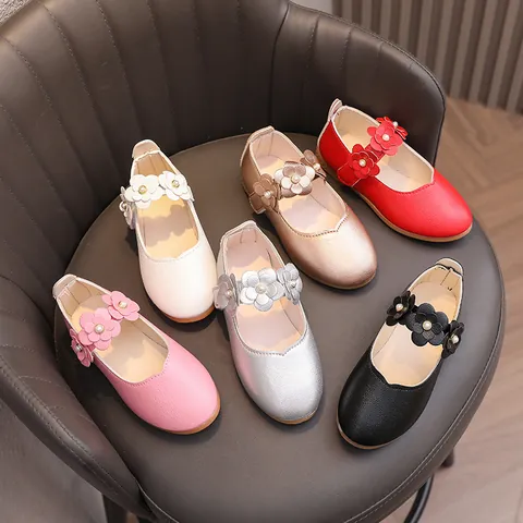 Girls Mary Jane Princess Shoes With Faux Artificial Pearl Flower Decor Soft Sole Metallic Gold Silver Dress Shoes For Wedding Party
