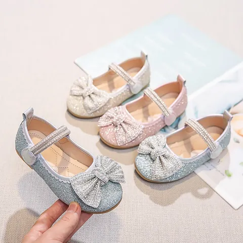 Girls Mary Jane Princess Shoes Glitter Bow Rhinestone Artificial Pearl Soft Sole For Wedding Party Formal Dress Shoes For Toddlers Kids