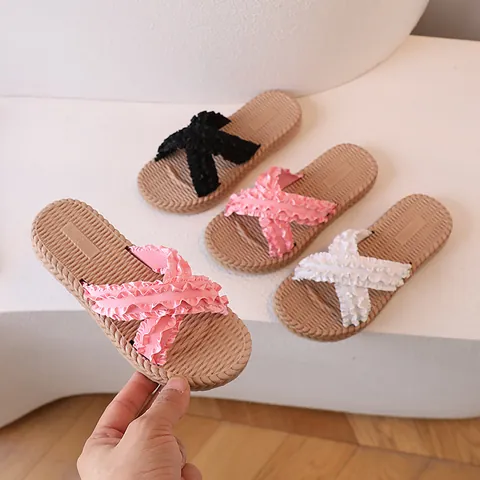 Women Ruffled Cross Strap Slippers Flat Non-slip EVA Sole Straw Texture Slides For Beach Summer Casual Home Footwear