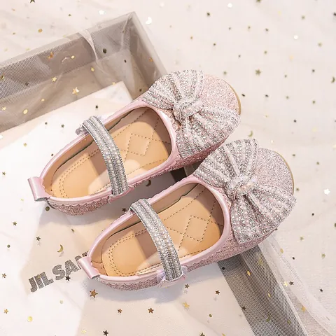 Girls Mary Jane Princess Shoes Glitter Bow Rhinestone Artificial Pearl Soft Sole For Wedding Party Formal Dress Shoes For Toddlers Kids