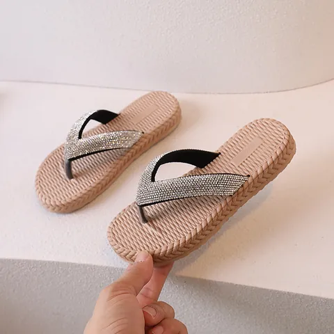 Women Girls Fashion Rhinestone Flip Flops Summer Beach Slippers With Woven Texture Anti-slip EVA Sole Casual Thong Sandals