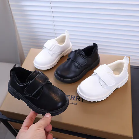 Boys British Style PU Leather Shoes Warm Lining Kids Formal School Performance Shoes Black White Hook-And-Loop Shoes
