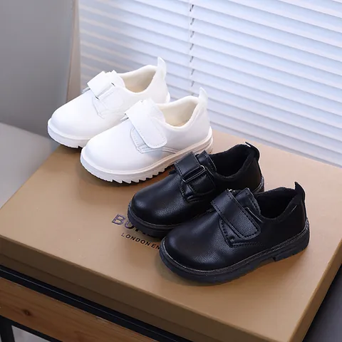 Boys British Style PU Leather Shoes Warm Lining Kids Formal School Performance Shoes Black White Hook-And-Loop Shoes