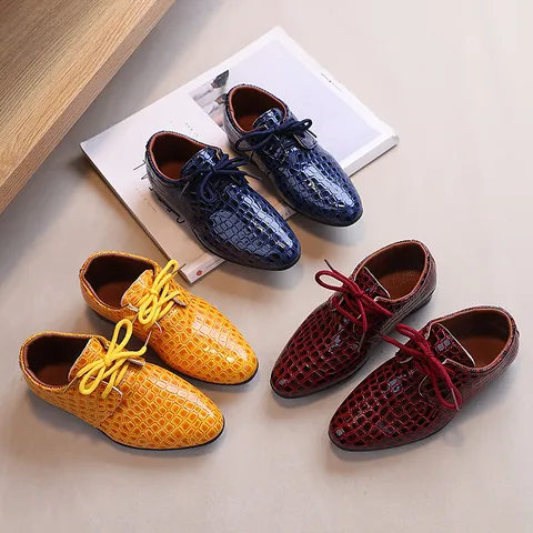 Boys British Style Formal Leather Shoes Crocodile Pattern Pointed Toe Lace Up Kids Performance Dress Shoes For School Wedding Party