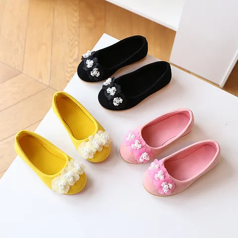 Girls Princess Shoes Suede PU Floral Artificial Pearl Embellished Anti-Slip Flat Dance Performance Toddler Little Girls Sweet Party Shoes