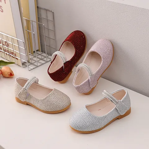Girls Glitter Mary Jane Shoes Pearl Rhinestone Princess Wedding Party Dress Shoes Soft Sole Non Slip Kids Formal Flat Shoes