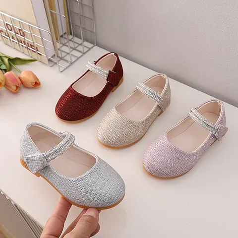 Girls Glitter Mary Jane Shoes Pearl Rhinestone Princess Wedding Party Dress Shoes Soft Sole Non Slip Kids Formal Flat Shoes