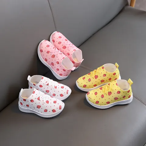 Kinder Mädchen Süße Erdbeerdruck Mesh Sneaker Gewebe Gummisohle Slipper Atmungsaktiv Lässig Rutschfeste Sportschuhe Für Kinder