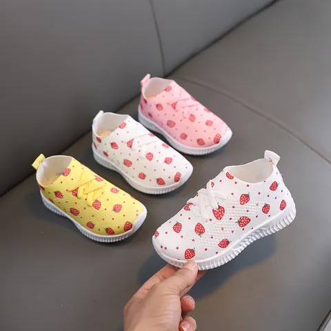 Kinder Mädchen Süße Erdbeerdruck Mesh Sneaker Gewebe Gummisohle Slipper Atmungsaktiv Lässig Rutschfeste Sportschuhe Für Kinder