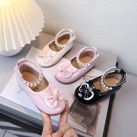 Girls Mary Jane Princess Shoes Artificial Pearl Bow Rabbit Ears Patent Leather Flat Shoes For Kids Party Wedding Dress Shoes