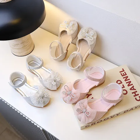 Girls Princess Shoes Sequin Bow Rhinestone Hollow Mary Jane Sandals For Wedding Party Kids Toddler Dress Shoes Rubber Sole