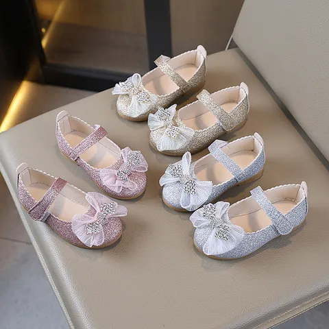 Chaussures de Princesse Mary Jane pour Filles Paillettes Nœud Papillon Strass Mariage Fête Performance Chaussures Habillées pour Enfants Or Rose Argent