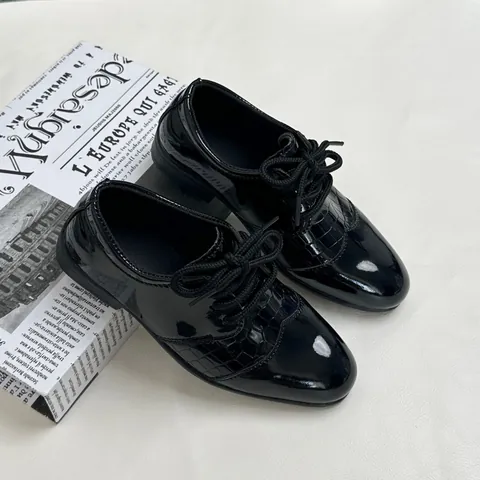 Zapatos Formales con Cordones Estilo Británico para Niños Charol Patrón Cocodrilo Escuela Actuación Negro
