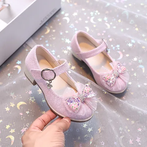 Girls Mary Jane Princess Shoes Bow Rhinestone Glitter Low Heel Dress Shoes For Toddler Kids Performance Wedding Party
