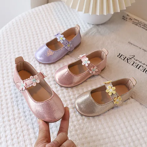 Girls Princess Mary Jane Shoes Glitter Flower Decoration Non-slip Rubber Sole Toddler Kids Wedding Party Dress Flat Shoes