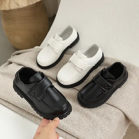 Boys Formal Leather Shoes British Style School Uniform Shoes Children Dress Performance Wedding Shoes Hook and Loop Closure