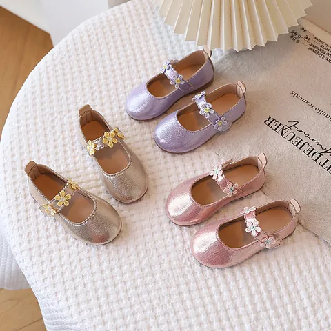 Girls Princess Mary Jane Shoes Glitter Flower Decoration Non-slip Rubber Sole Toddler Kids Wedding Party Dress Flat Shoes