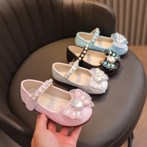 Girls Mary Jane Princess Shoes With Artificial Pearl Strap Mesh Bow Glitter Flat Performance Party Wedding Shoes For Kids