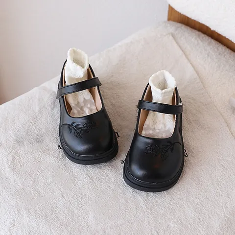 Girls Black Mary Jane Shoes With Leaf Embroidery Soft Sole British Style Princess Shoes School Uniform Performance Shoes