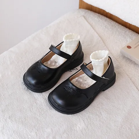 Girls Black Mary Jane Shoes With Leaf Embroidery Soft Sole British Style Princess Shoes School Uniform Performance Shoes