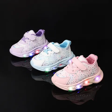 Girls LED Light-up Sneakers Floral Butterfly Princess Shoes Velcro Synthetic Leather Casual Fashion Walking Sport Shoes