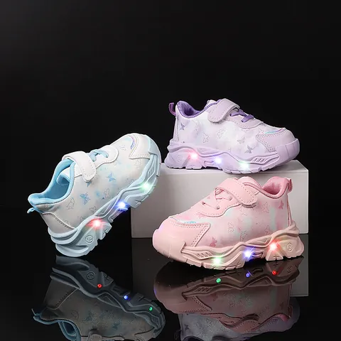 Kinder Mädchen LED Leuchtschuhe Schmetterling Muster Atmungsaktive Casual Laufschuhe Mit Klettverschluss Rosa Lila Blau
