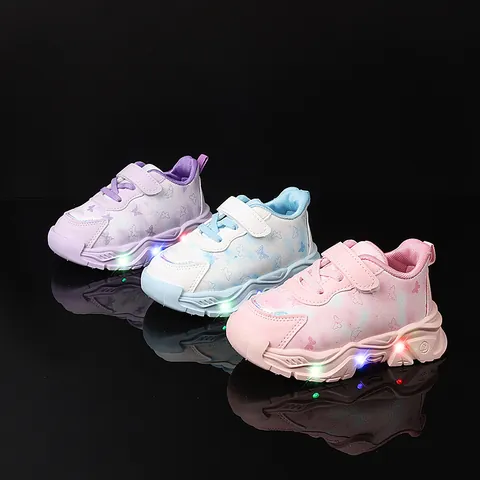 Kinder Mädchen LED Leuchtschuhe Schmetterling Muster Atmungsaktive Casual Laufschuhe Mit Klettverschluss Rosa Lila Blau