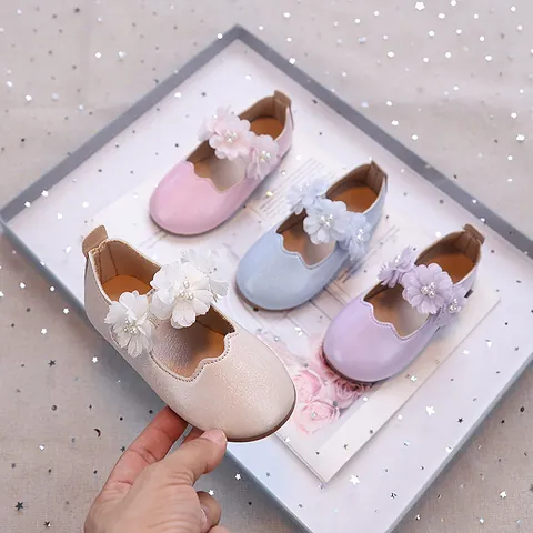 Girls Princess Mary Jane Shoes Sweet Mesh Flower Pearl Decor Glitter Flats Soft Sole Dress Shoes For Wedding Party Performance