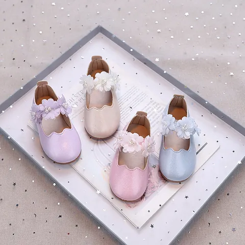 Girls Princess Mary Jane Shoes Sweet Mesh Flower Pearl Decor Glitter Flats Soft Sole Dress Shoes For Wedding Party Performance